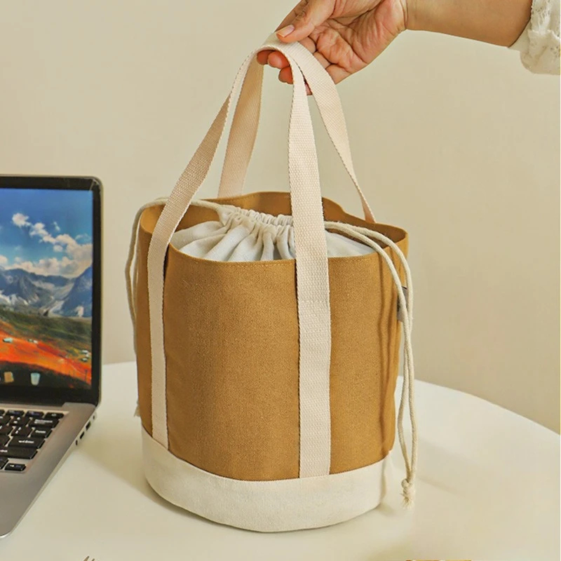 Thick canvas bento bag insulated and fresh-keeping lunch bag student office worker portable drawstring lunch box bag