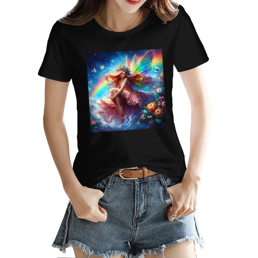 

Rainbow Fairy Sitting Next to Flowers Women's Printed T-Shirt, Round Neck Short Sleeve, Casual Fun, Cute, Summer
