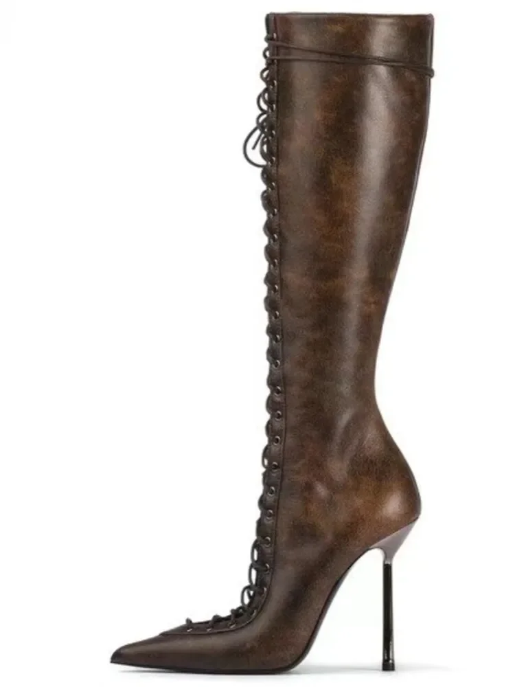 2026Spring/Summer New Lace Up Short Cool Boot Side Zipper Banquet Slim Fit High Heel Sexy Knee Length Women\'s Boots