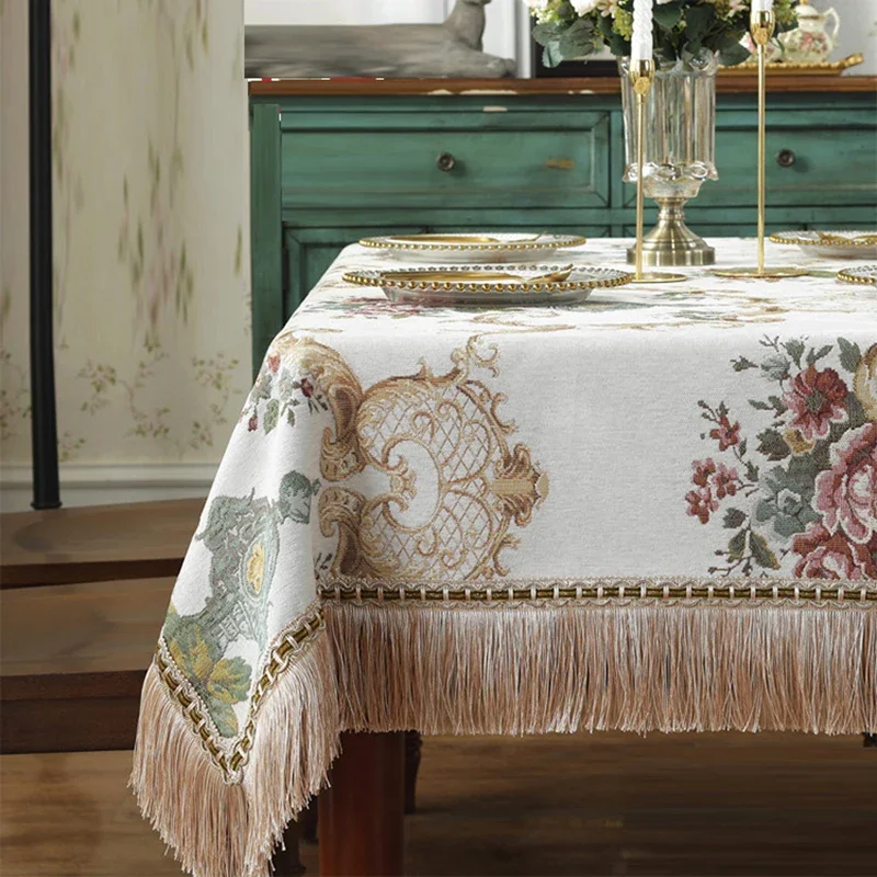 Ice Tassel Chenille Embroidery Table Cover European Luxury Dinning Tablecloth Flower Elegant Table Cloth Decoration Living Room