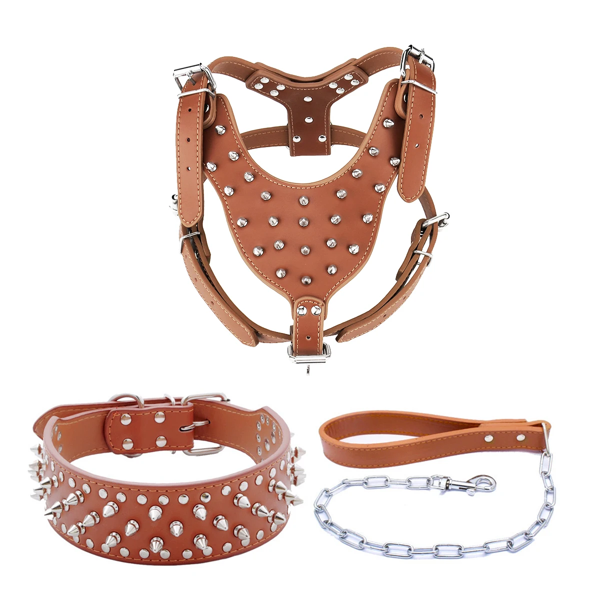 

Leather Dog Harness Spiked Studded Dog Pet Collar Harness and Chain Leash Set for Medium Large Xlarge Breeds Pitbull Mastiff