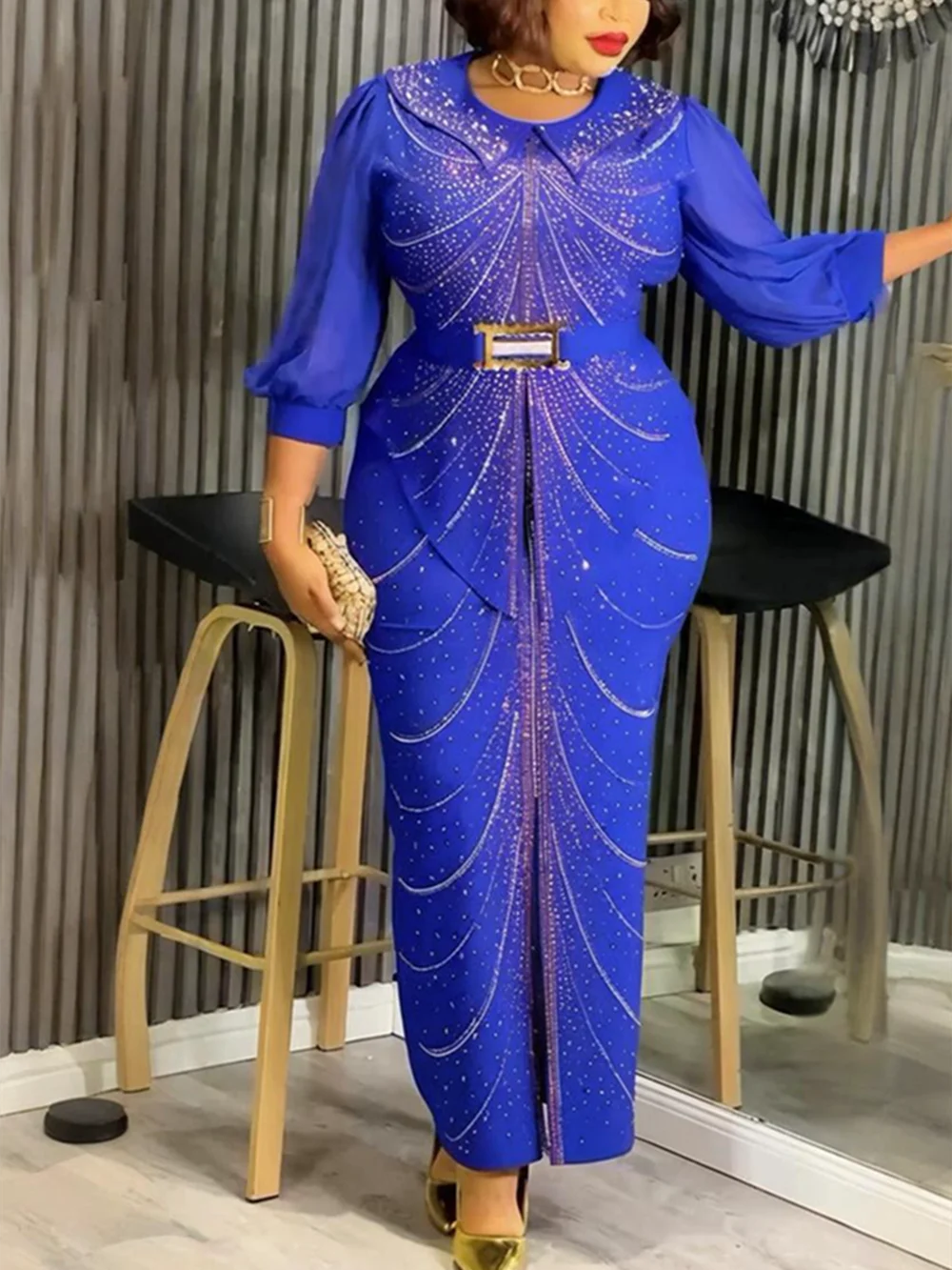 فساتين الحفلات الأفريقية مقاس كبير للنساء Dashiki Diamond Bodycon شق فستان طويل أنيق تركيا مسلم ثوب مسائي الزفاف