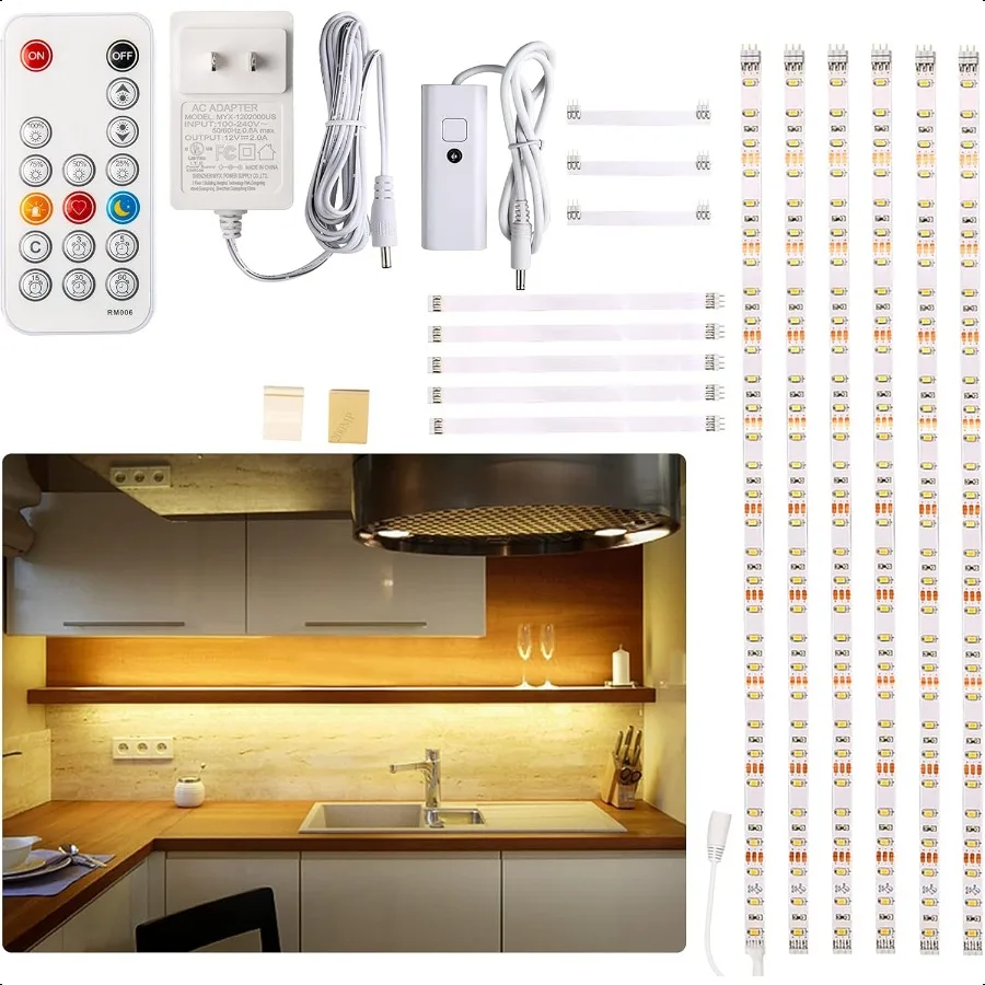 

WOBANE Under Cabinet LED Lighting kit 6 PCS LED Strip Lights with Remote Control Dimmer and Adapter Dimmable for Kitchen Cabine