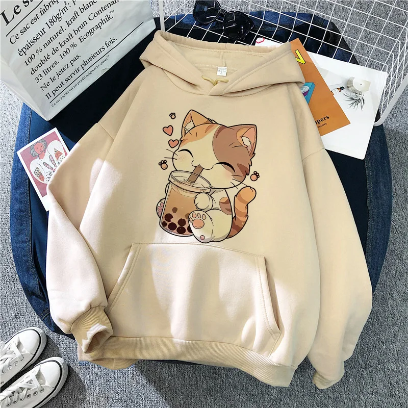 Ein süßer gemusterter orangefarbener Tabby-Katze mit einem Lächeln-Print. Kapuzenpullover für Damen, lässige Grafik-Sweatshirts, modische Herbst-Winter-Kapuzenpullover-Kleidung