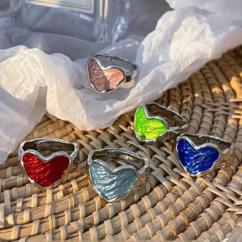 Personality Exaggeration Enamel Big Love Heart Rings for Women Retro Colorful Stainless Steel Adjustable Summer Fashion Jewelry