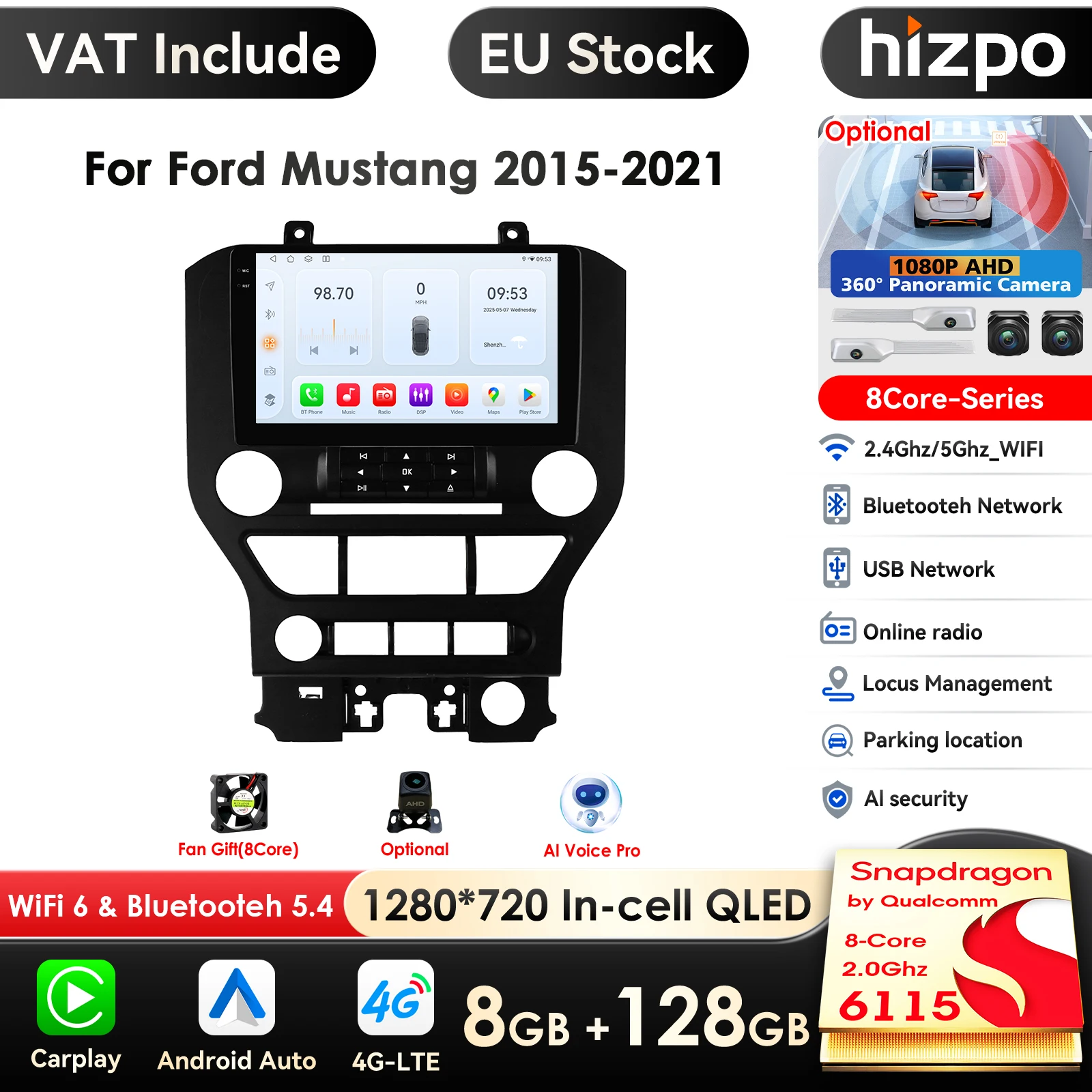 Hizpo 9 Zoll drahtloses Carplay Android Auto Auto Multimedia-Player für Ford Mustang 2 2015-2021 Carplay 4g Autoradio 360 ° Kamera