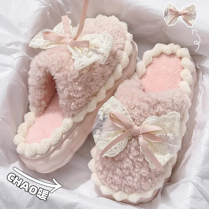 Women's Winter Cotton Slippers Fur Slippers 2026 New Indoor Home Thick Bottom Warm Girl's Bow Cotton Slippers Women Plush Shoes