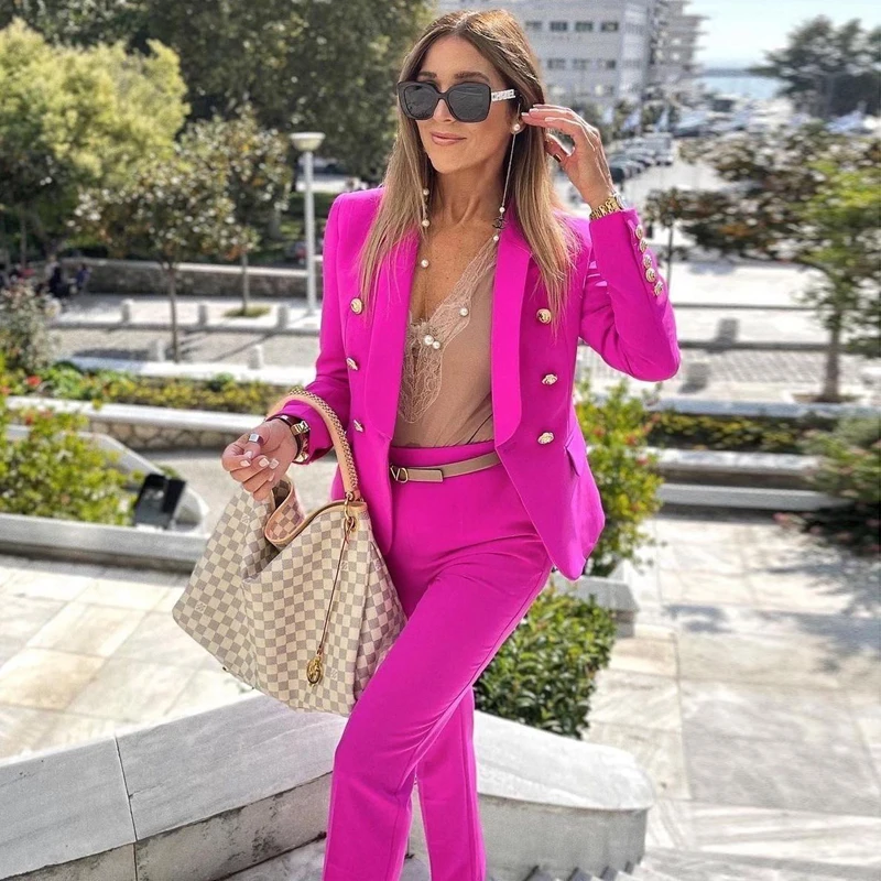 MSMUSI 2025 New Women Sexy Solid Two Piece Set Bodycon Turn Down Collar Button Long Sleeve Blazer Top Pencil Long Pant Set Suit