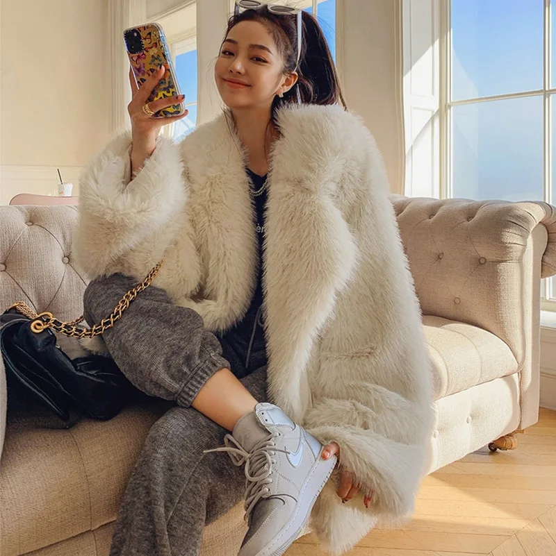 

Women Faux Fox Fur Coats Maxi Mid Length Coat Thick Warm Open Stitch Elegant Splice Autumn Winter Turn Down Collar Mom Jckets