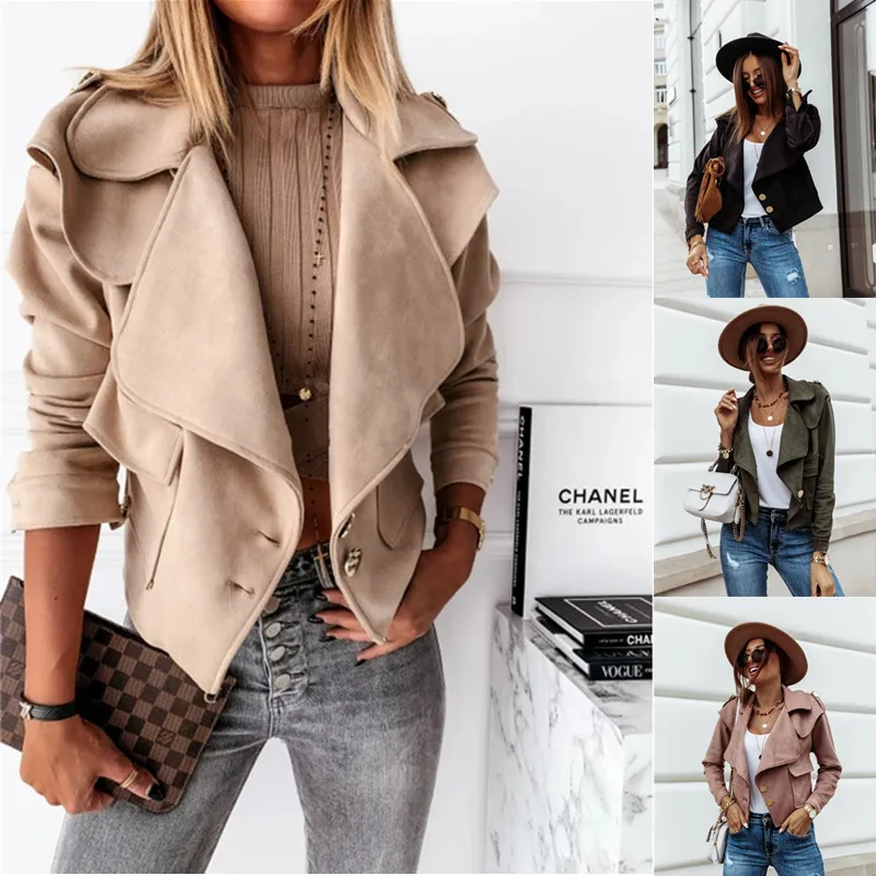 

2025 Velvet Elegant Jacket Women Turn Down Collar Long Sleeve Slim Coat Solid Button autumn Overcoat Punk Jacket Non Suede chain