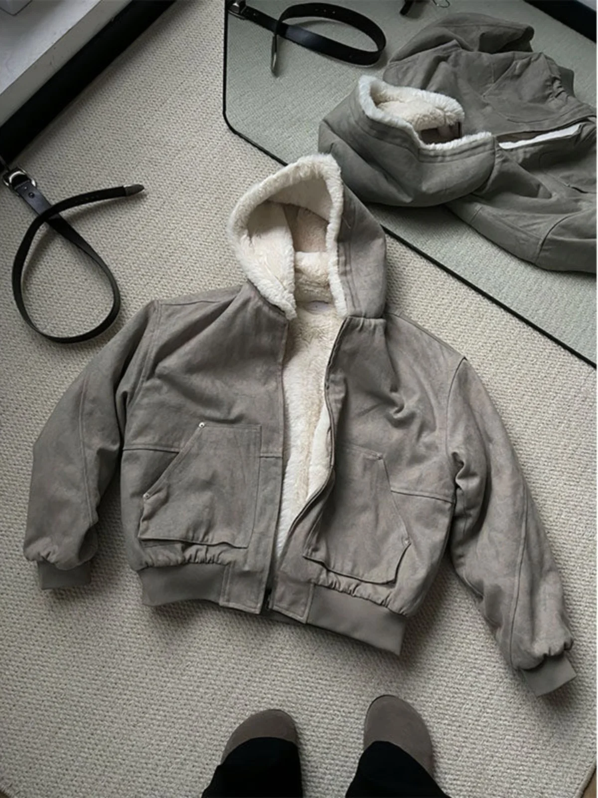 

Thiened Cotton Jaet Men's Winter New Sle Marble Pattern Lamb Fur Inteated Velvet Hooded Cotton Clothes Jaet