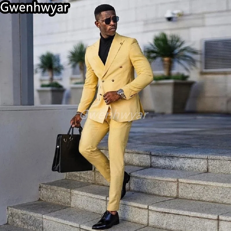 

Gwenhwyfar Yellow Men's Four Seasons Slim Jacket Pants Fashion Suit Men's Tuxedo Groom Suit Men Wedding Groomsmen Costume Homme
