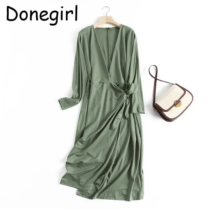 Donegirl-Vestido camisero ajustado de manga larga para mujer, vestido Midi de color liso con cuello en V y cordones, moda elegante para primavera y verano, 2023