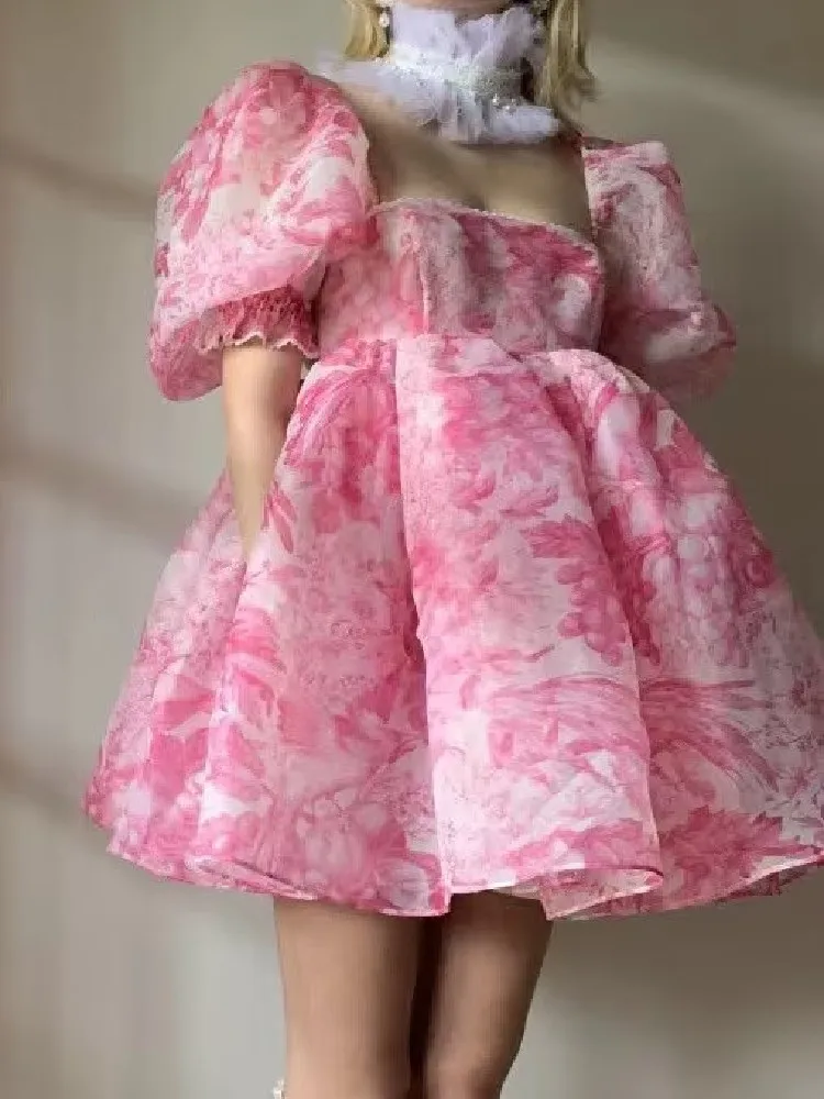 Sweet Princess Pink Flower Organza Ball Gown Dress Women Corset Chest Square Collar Puff Sleeve Swing Mini Fairy Cake Robe Girl