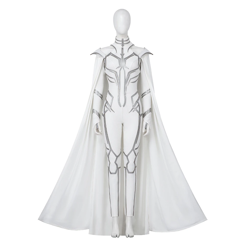 

What If Season 2 Hela Costume White Jumpsuit Goddess Cosplay Bodysuit with Cloak Full Set Halloween Party Uniform Suit