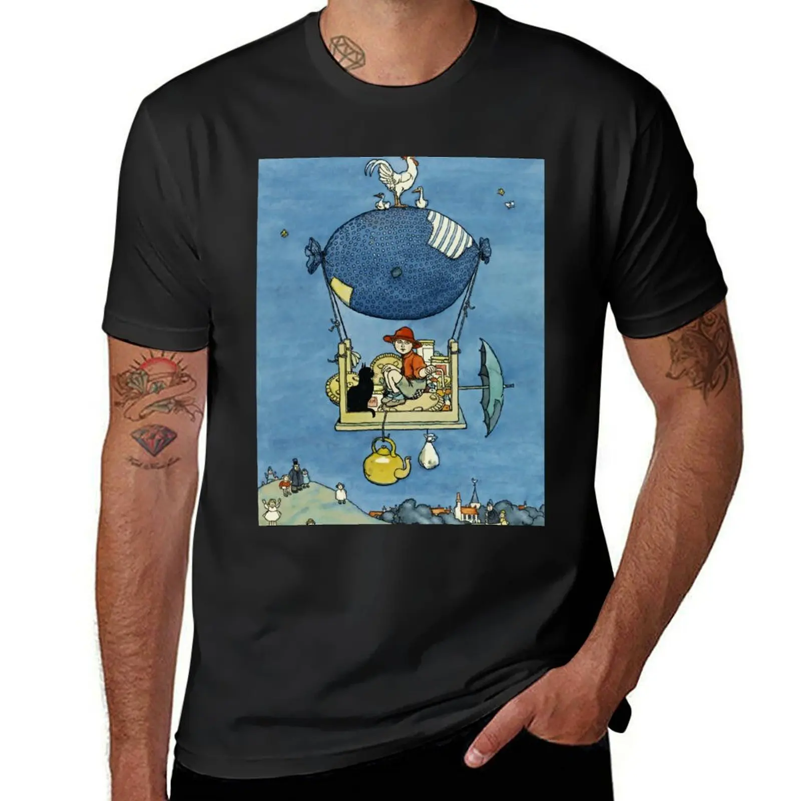 “The Airship” by W Heath Robinson T-Shirt graphics oversizeds plain Men's cotton t-shirt