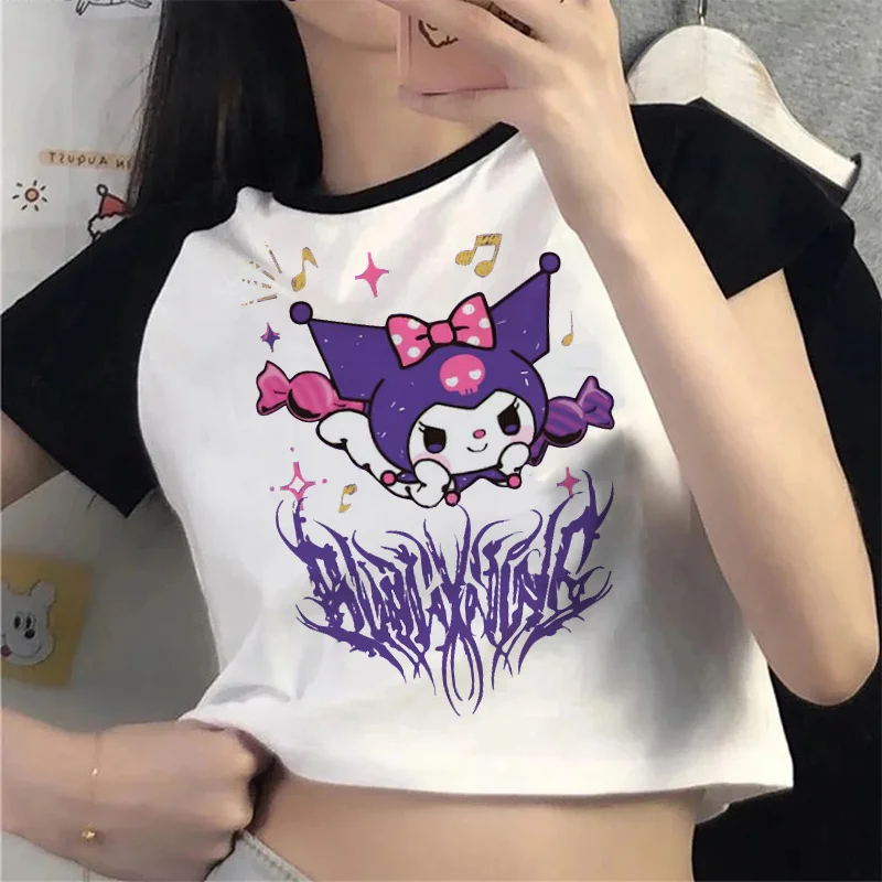 Violet Kuromi Women's Summer Slim Clothing Woman Round Neck Fashions Short T-Shirt Clothes Cotton Imitation Flame Print Tshirts