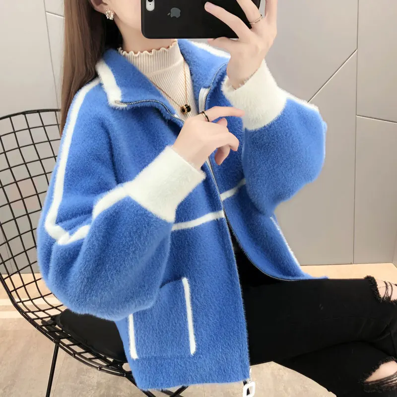 

2024 New Autumn Winter Mink Velvet Jacket Women's Korean Knitt Cardigan Sweater Coat Fashion Loose Bat Sleeve Female Zipper Tops