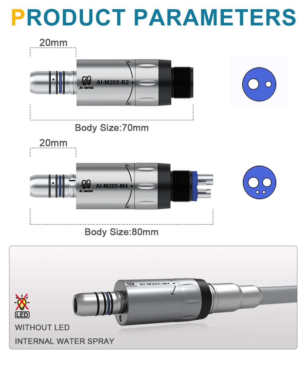 Dental Inner Water Air Motor Slow Speed Handpiece Parts AI-M204/M205 Non-LED Turbine Connector AI-M205LG LED Generator Series