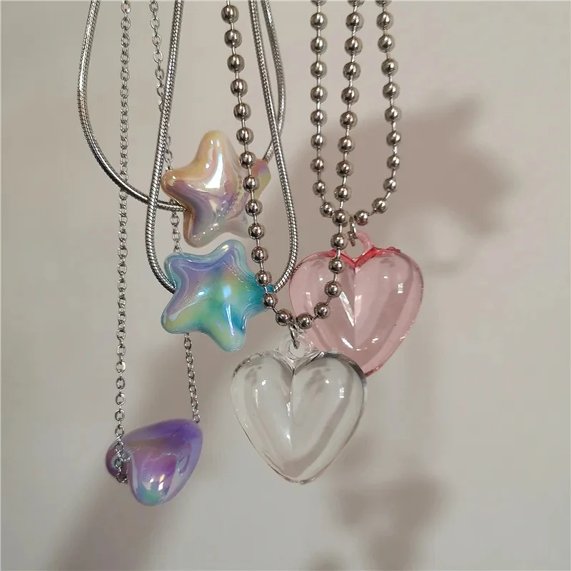 Goth Harajuku Cute Y2k Colorful Star Pentagram Transparent Love Heart Pendant Necklace For Sweet Cool Girl 90s EMO Accessories