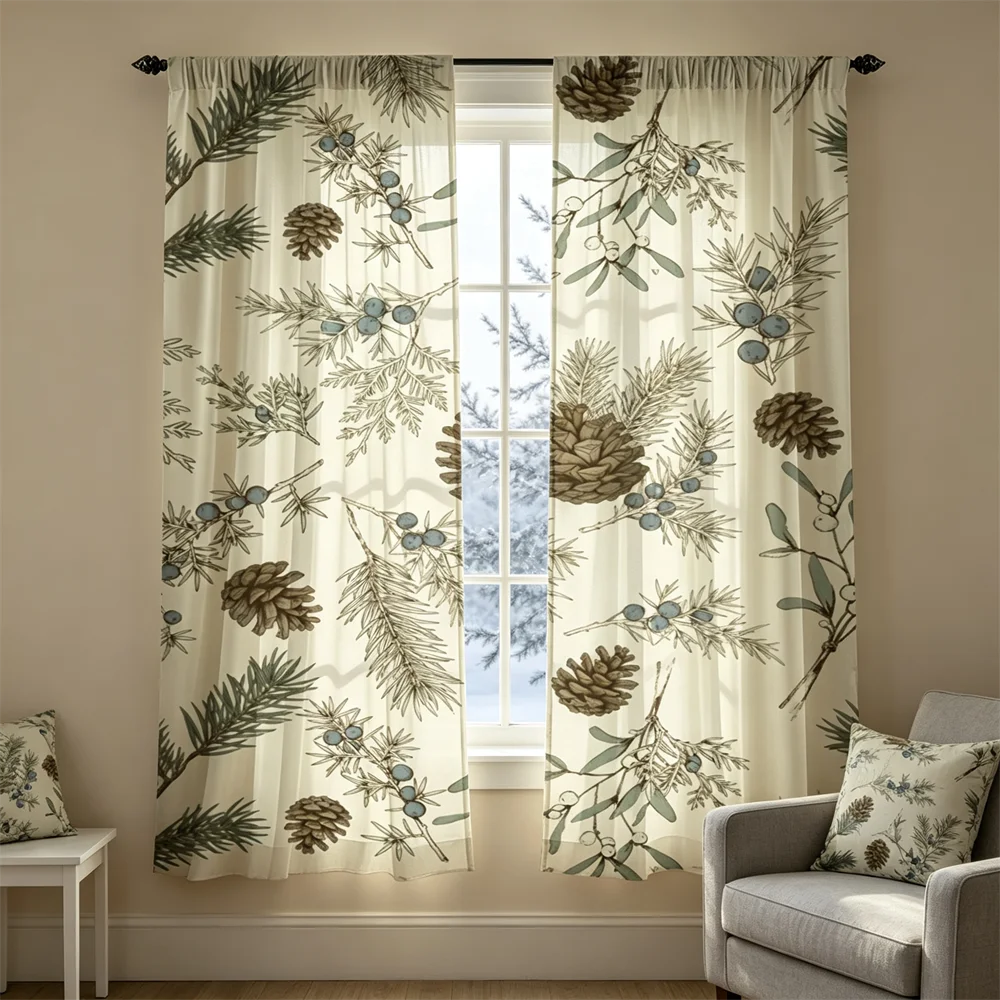 2PCS Watercolor pine cone juniper branches Print Curtains, Bedroom Living Room Window Drapes, Rod Pocket Polyester, Home Decor