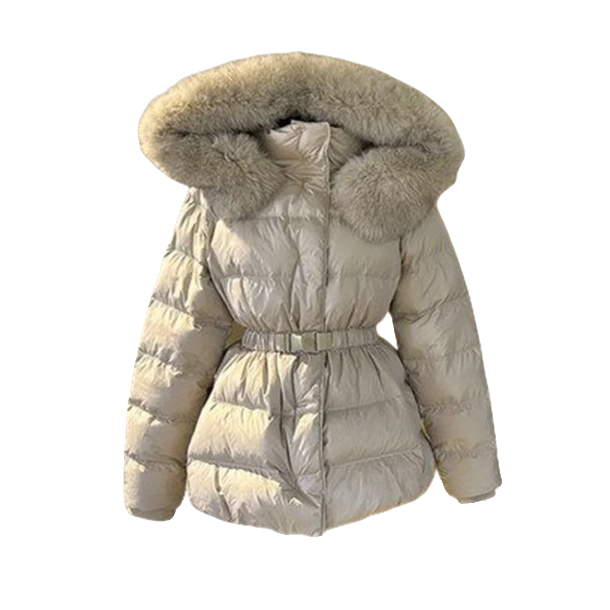 معطف نسائي كوري جديد لعام 2025 من Sle Thiened باللون الأبيض Du down Puffer Jaet مع ياقة كبيرة من الفرو متوسط الطول