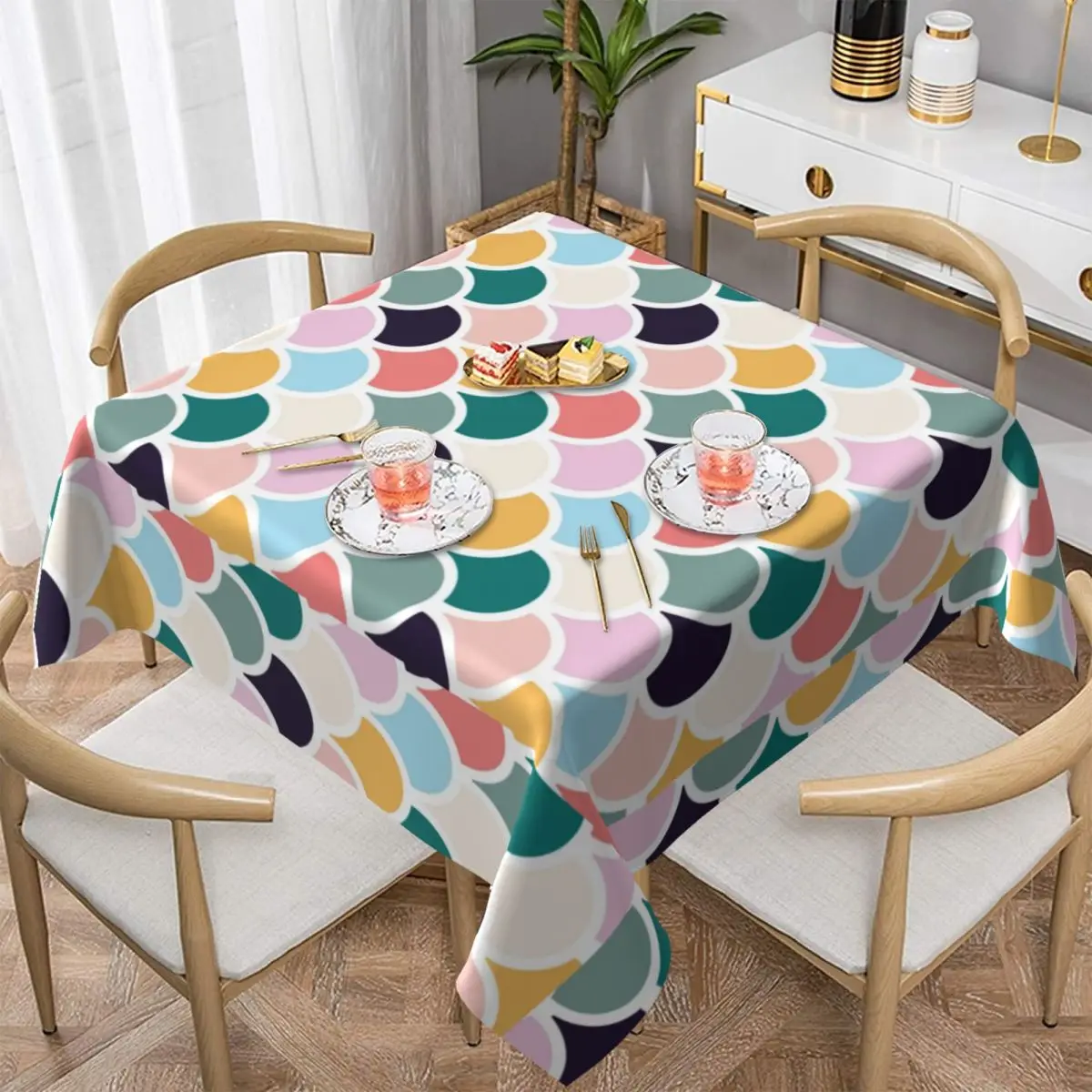 Colorful Circles Mermaid Tablecloth Seigaiha Protection Table Cover Funny Table Cloth Decoration For Home Picnic Events Party