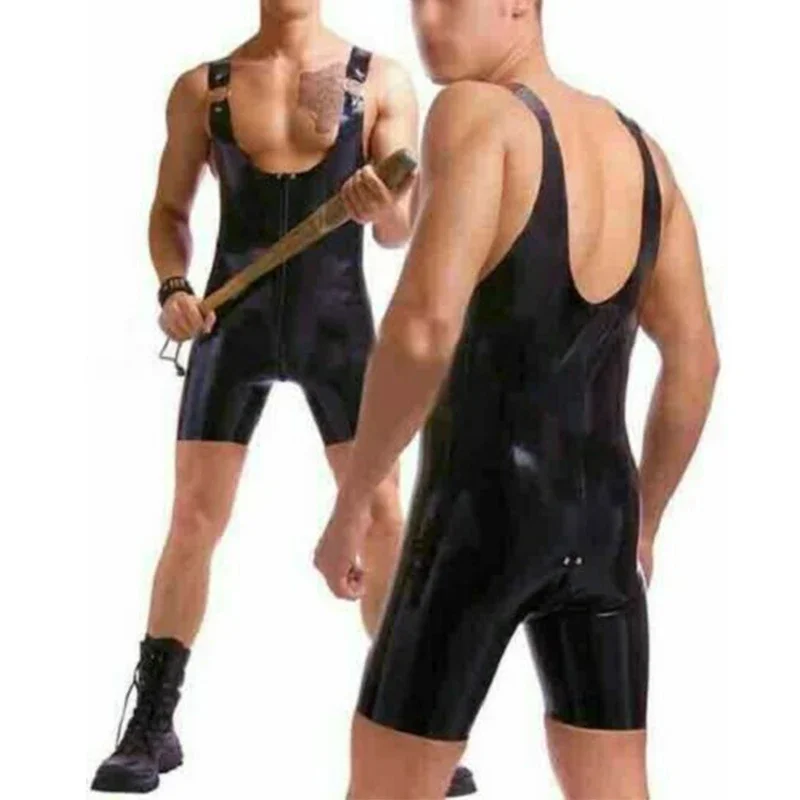 Latex Men Shoulder O-Rings Overall Black Unitards Cool Catsuit Customized 0.4m