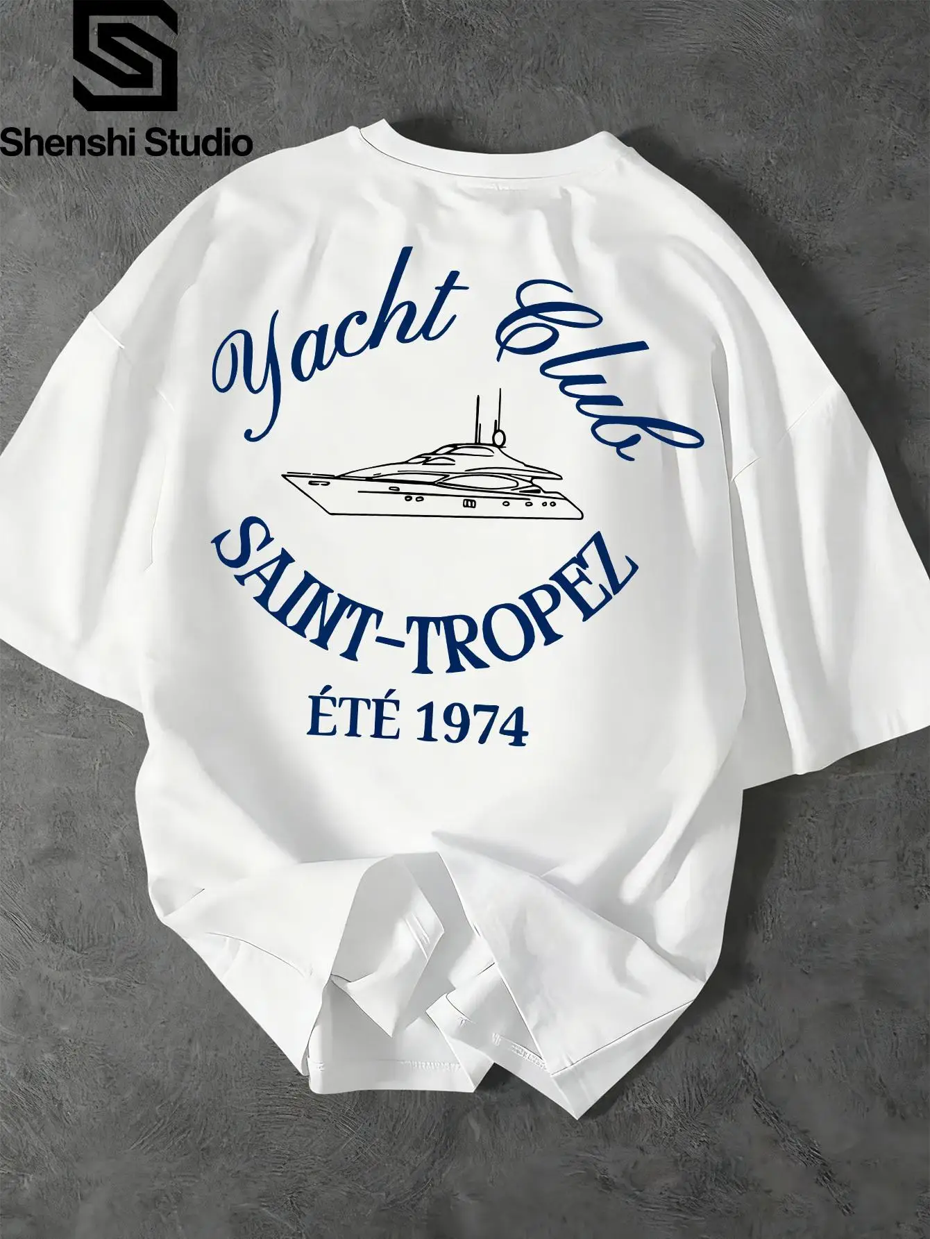 Full of Southern French Vintage Vibes Yacht Club Blue Print on White T-shirt, So Stylish for Men, A Standout Summer Item, Streetwear Trend, Suitable for Daily and Weekend Wear, Summer Outdoor Fashion for Men