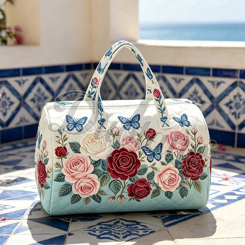 Blue Butterfly and Red Roses Pattern Handbag for Travel White Roses Women Beach Sport Duffle Bag Shoes Holder Fitness Yoga Bag