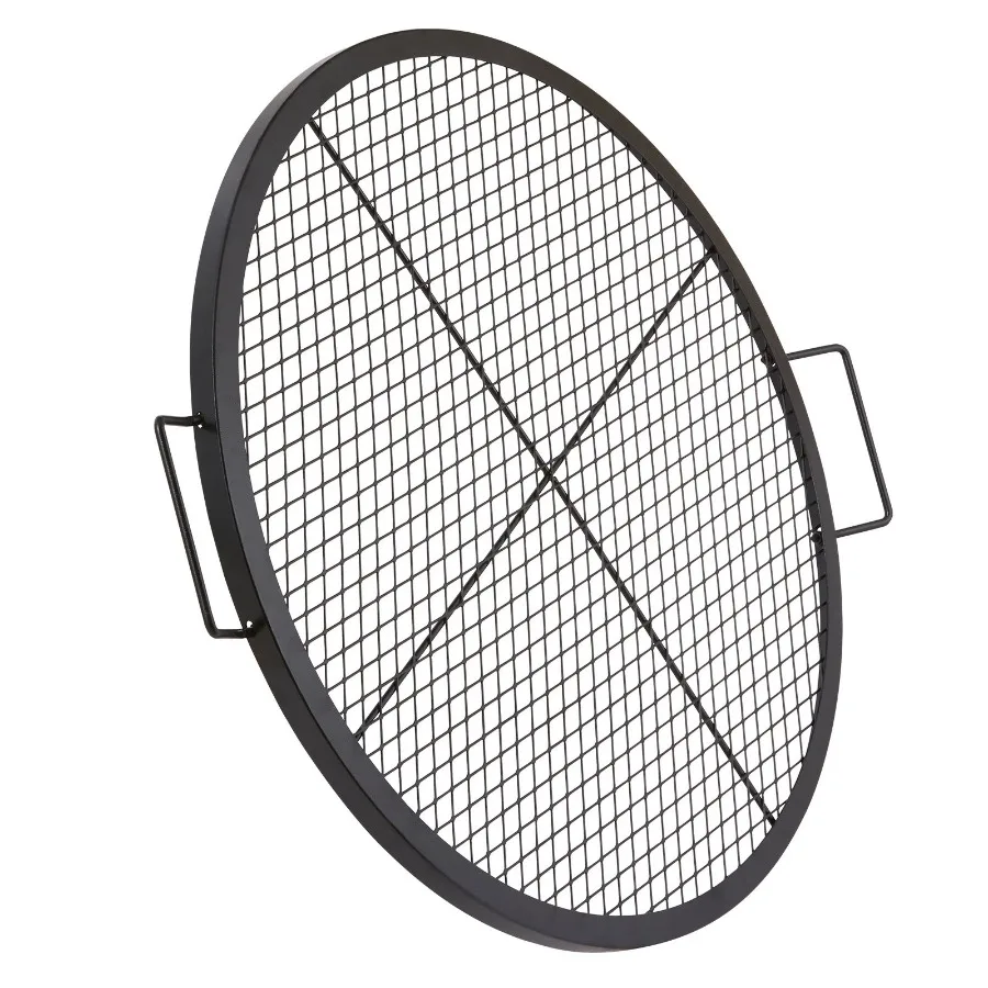 30 Inch Black Heavy Duty Steel Round Fire Pit Grill Grate with Handle and Support X Wire for Outdoor Camping BBQ Cooking Portab