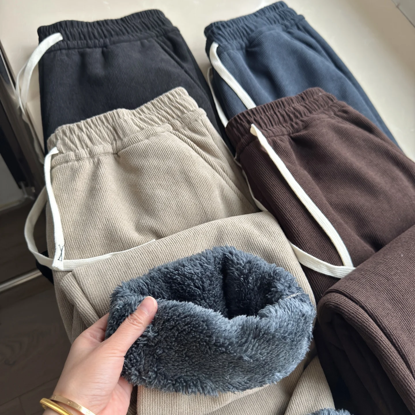 

Winter Men's Thick Fleece Pants American Casual Fashion Elastic Waist Simple Warm Male 5 XL Straight Leg Corduroy Trousers