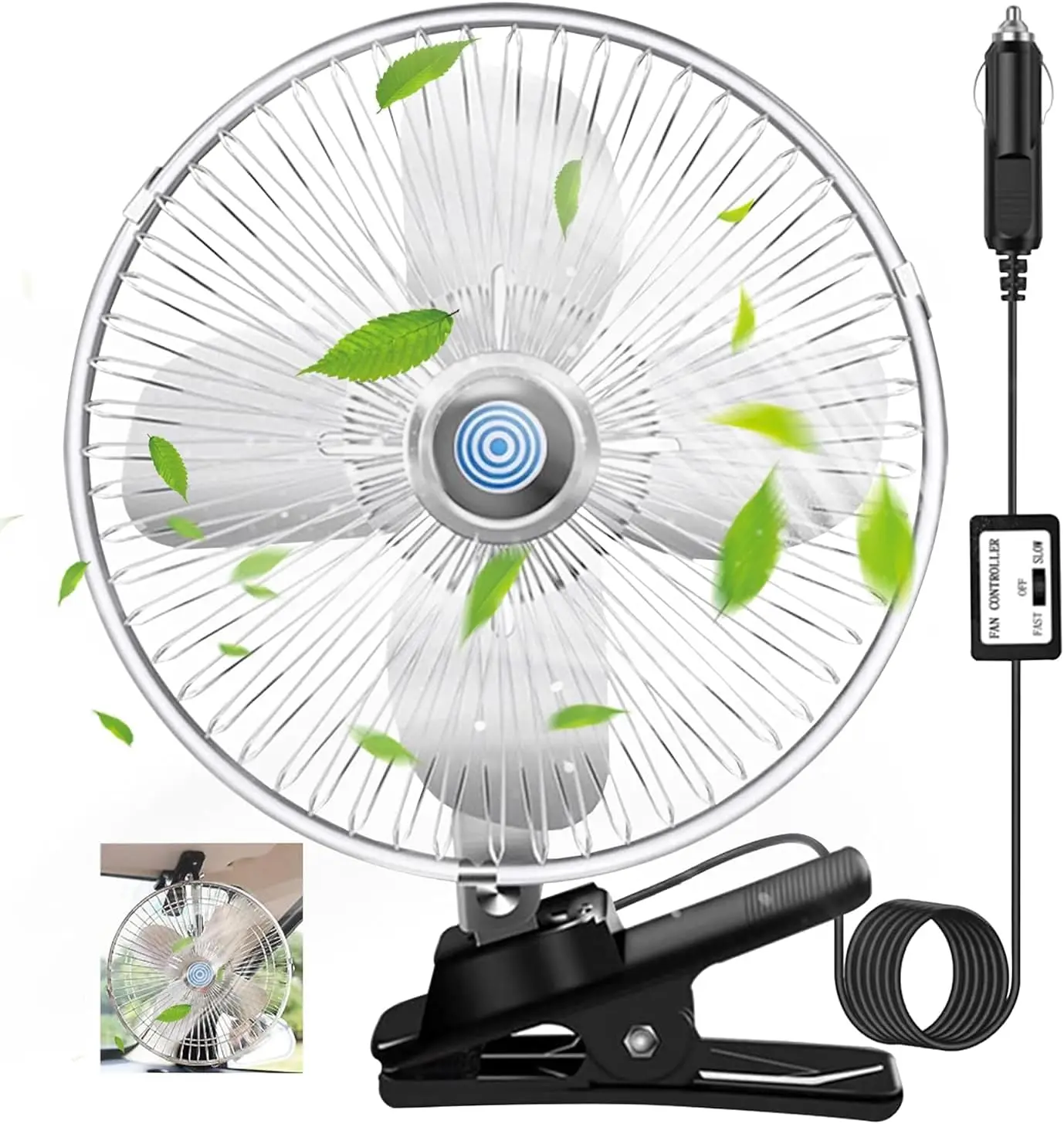 10-Inch Silver Cigarette Lighter Fan, Two-Speed Adjustment, 360-Degree Rotation, Clip-On Design 12 Volt Fan, Perfect For Cars