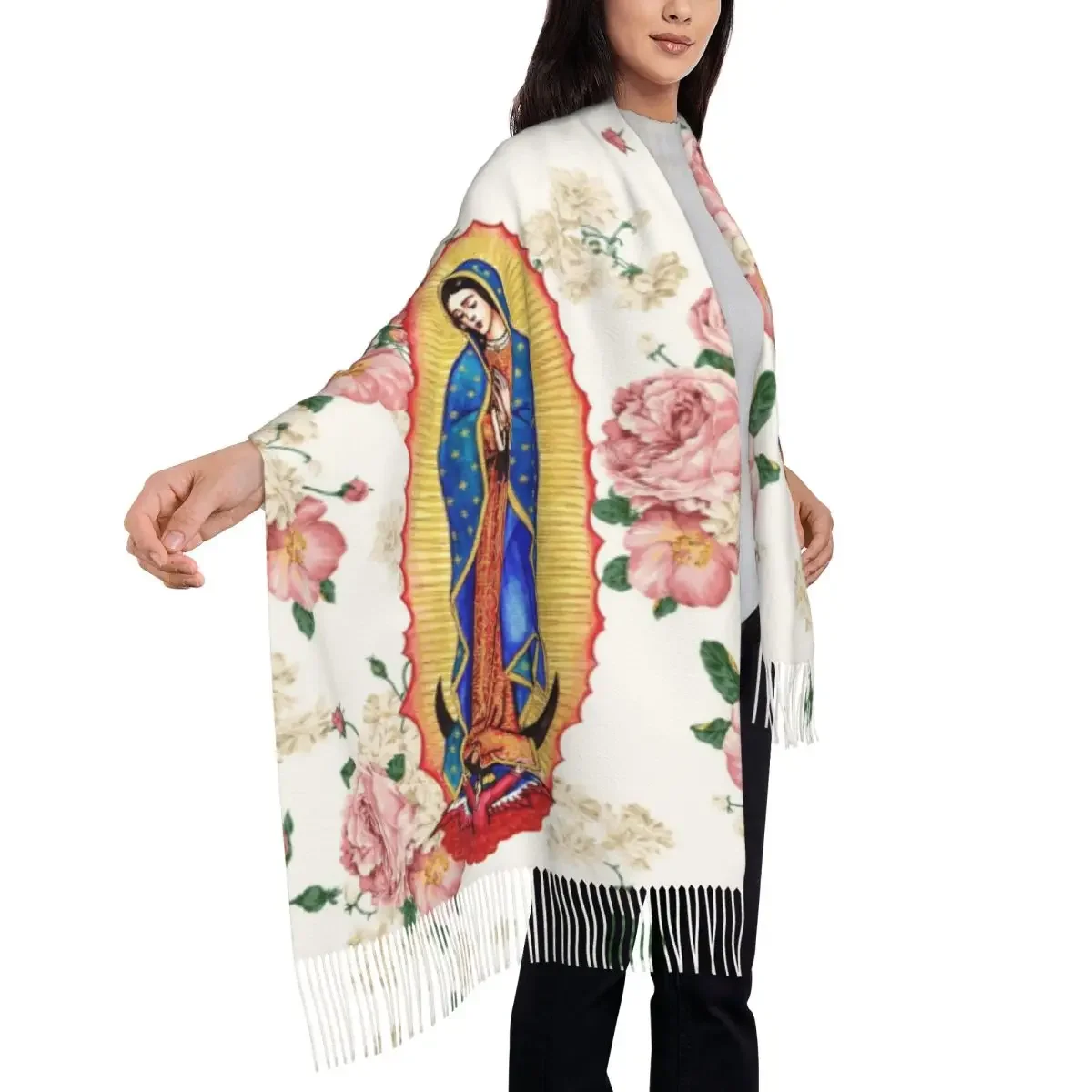 Custom Female Long Virgin Of Guadalupe Scarves Women Winter Fall Soft Warm Tassel Shawl Wrap Mexico Catholic Virgin Mary Scarf