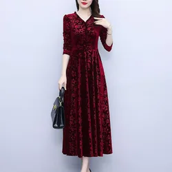 Women Golden Velvet Dress 2024 New Printed Long Sleeved V-neck Party Dress Middle Aged Women Clothing Long Dresses Vestidos 4XL