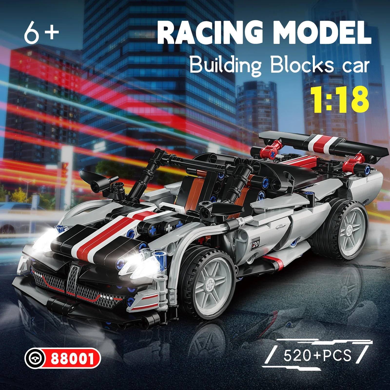 1:18 Racing Model 8001 Building Blocks Car 520+PCS Technical Bricks Toy with Open Hood Rotatable Joints for 14+ Boys Gift