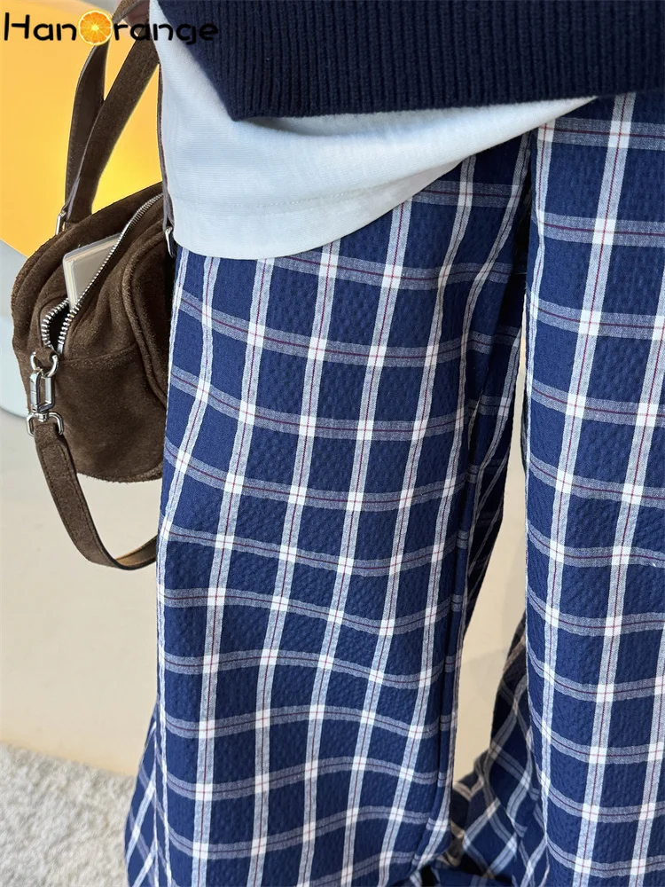 HanOrange 2026 Early Spring Vintage Fashion Blue White Plaid Loose Wide Leg Pants Women Multiple Buttons Comfortable Trousers