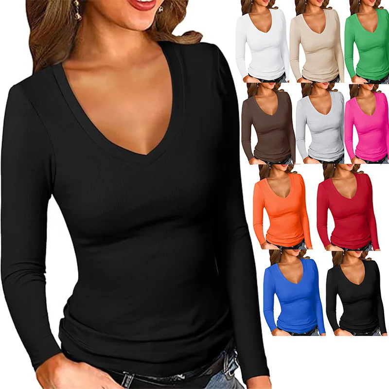 Cross-border Amazon Autumn Women's Ribbed V-neck Slim-fit T-shirt Basic Solid Color Long-sleeved Casual Top Women's Cw90921