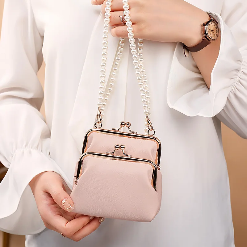 Elegant Women Coin Purses PU Leather Girls Wallet with Pearl Shoulder Strap Large Capacity Card Holder Student Money Bag