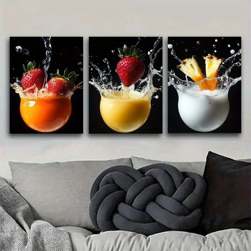 2D Flat 3pcs frameless  Vibrant Fruit Drink Canvas Triptych, Freezing the Moment of Fruit Splashing into Liquid, with Bright Col