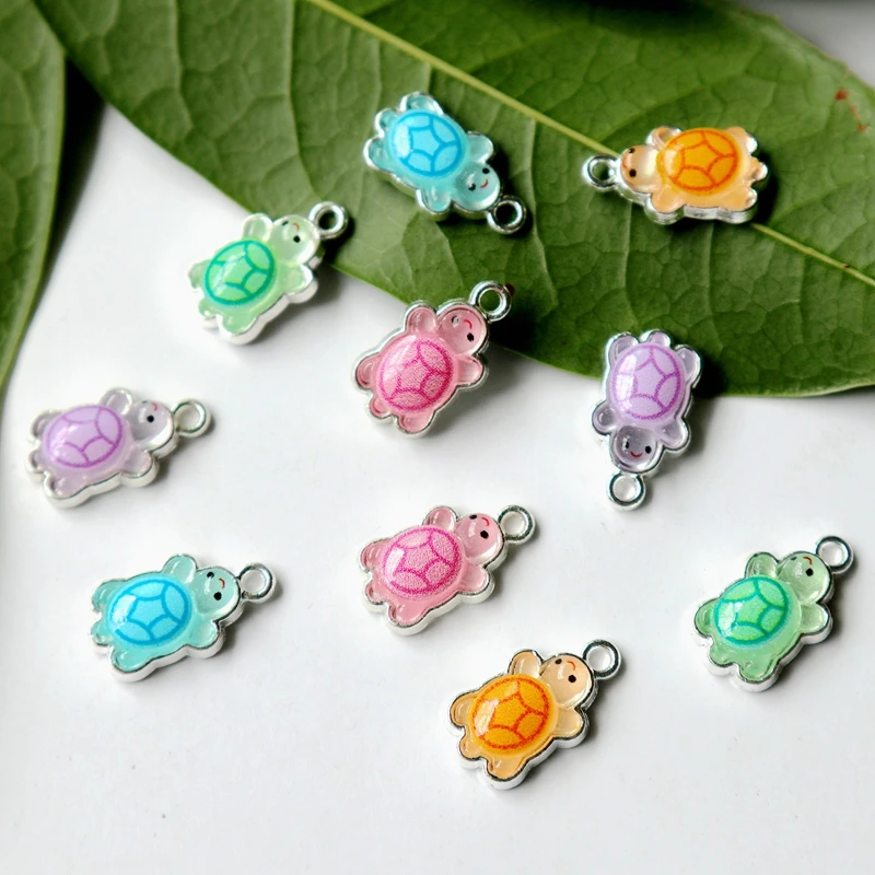 10pcs Noctilucent Little Turtle Resin Alloy Charms Cute Cartoon Metal Pendant DIY Necklace Bracelet Earings Keychain Accessories