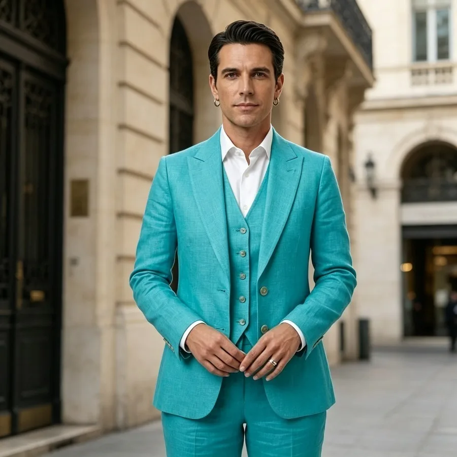 

Men Linen Suits 2 Pcs Summer Suit Casual Blazer Pants Set Breathable Beach Wedding Groom Outfit Lightweight Daily Wear XS-3XL