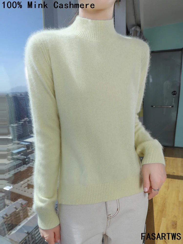 النساء 100% المنك سترة الكشمير المعنقة نصف الياقة العالية البلوز كم طويل حجم كبير تريكو الخريف الشتاء الملابس النسائية الموضة