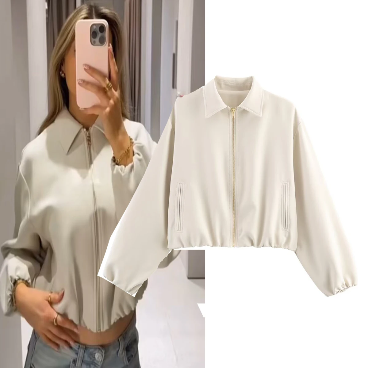 

Модная повседневная женская куртка H256 однотонного цвета с отложным воротником, универсальная верхняя одежда в европейском стиле с длинными рукавами на молнии