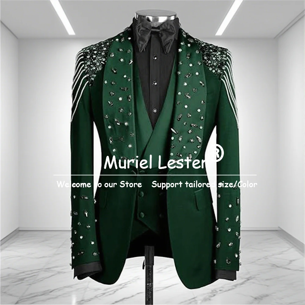 

Male Chic Beaded Stones Suits Men For Wedding 3 Pieces Sets Shawl Lapel Groom Blazers Customized Man Banquet Party Tuxedos Luxu