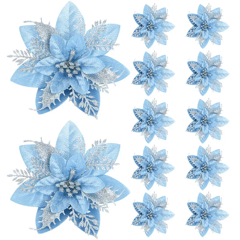 

5pcs 14cm Glitter Artifical Christmas Flowers Christmas Fake Flower Xmas Tree Pendant Ornament Navidad Party New Year 2024 Decor