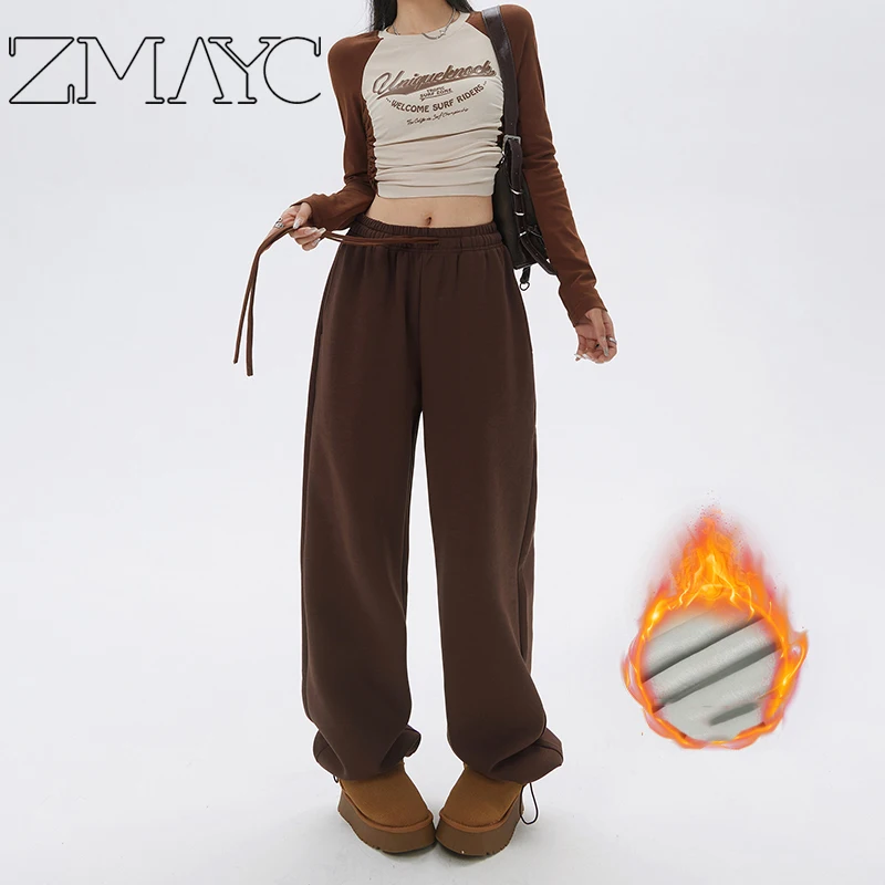 ZMAYC, pantalones deportivos de Otoño Invierno para mujer, pantalones rectos de pierna ancha, ropa de calle de cintura alta, pantalones deportivos rectos sueltos informales