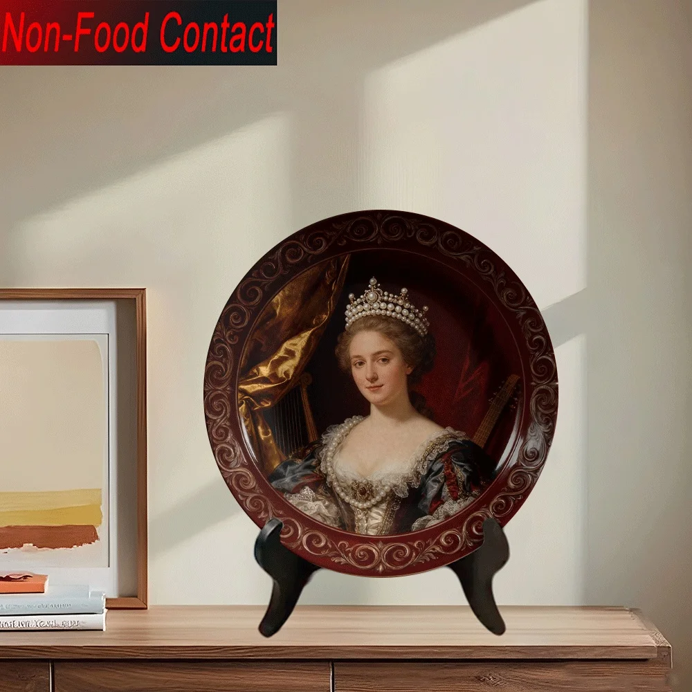 2D Flat - A 2D One-Piece European-Style Ceramic Decorative Plate Featuring a Noble Female Portrait with Golden Edges. It Is