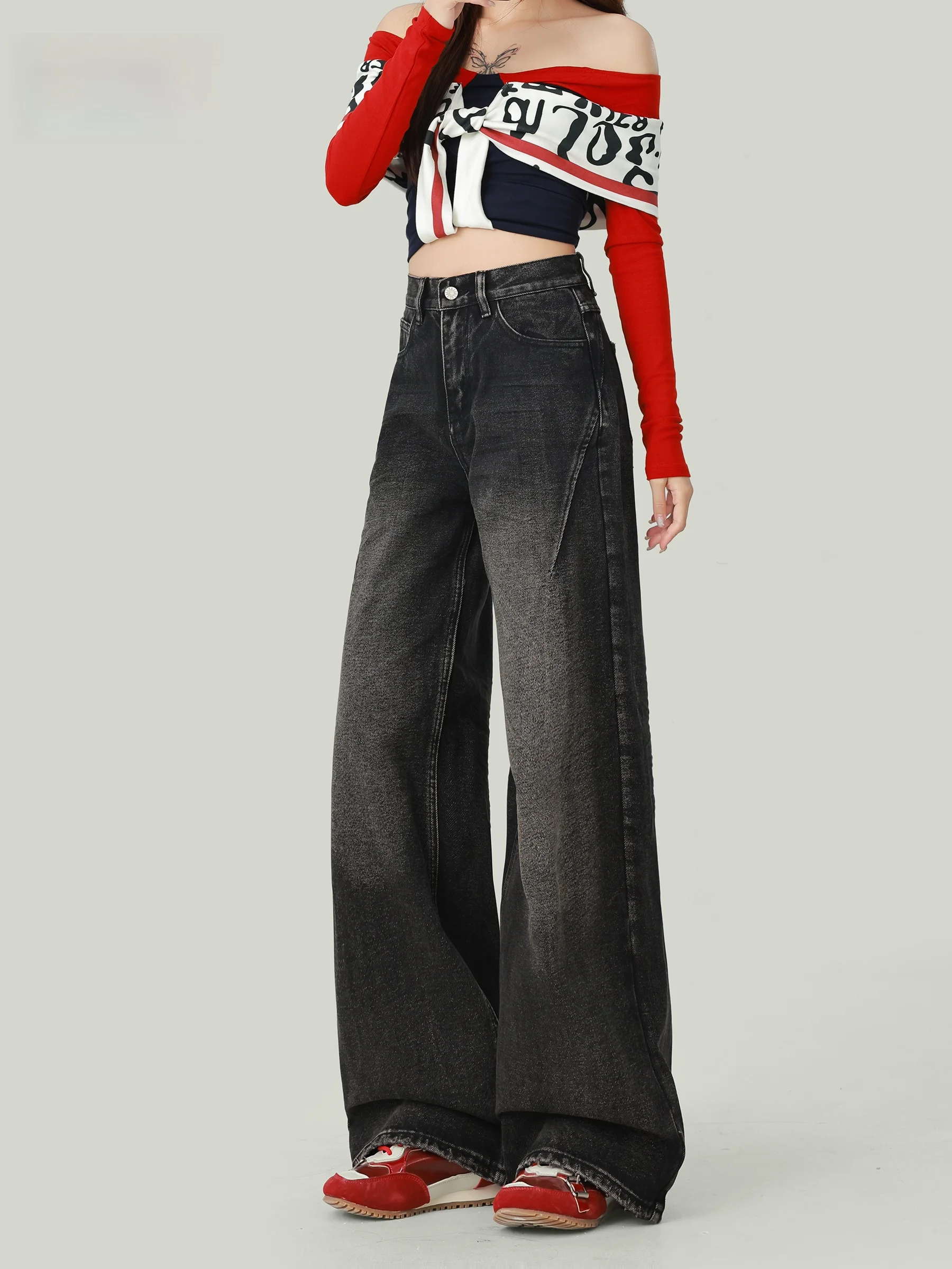 

Bla Американские джинсы с волнистым узором в стиле ретро, женские свободные брюки больших размеров для похудения, прямые широкие брюки, повседневная одежда