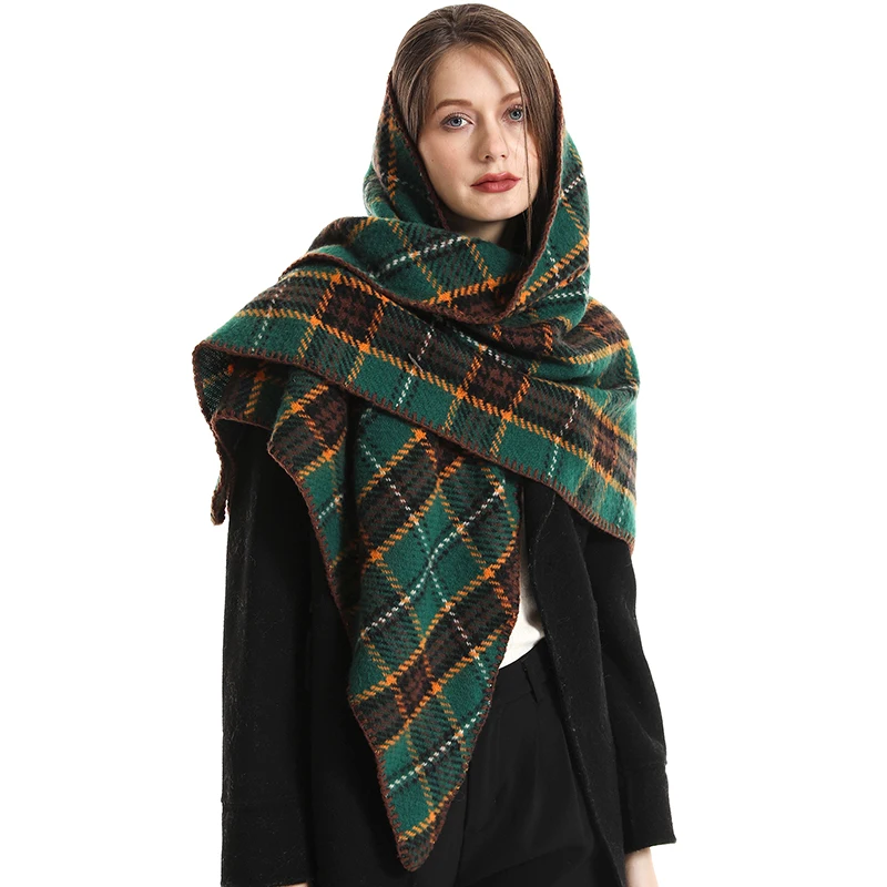 Knitted Plaid Triangle Scarf Thicken Winter Warm Shawl New Cashmere Luxury Brand Pashmina Blanket Bandana Neckerchief Scarves